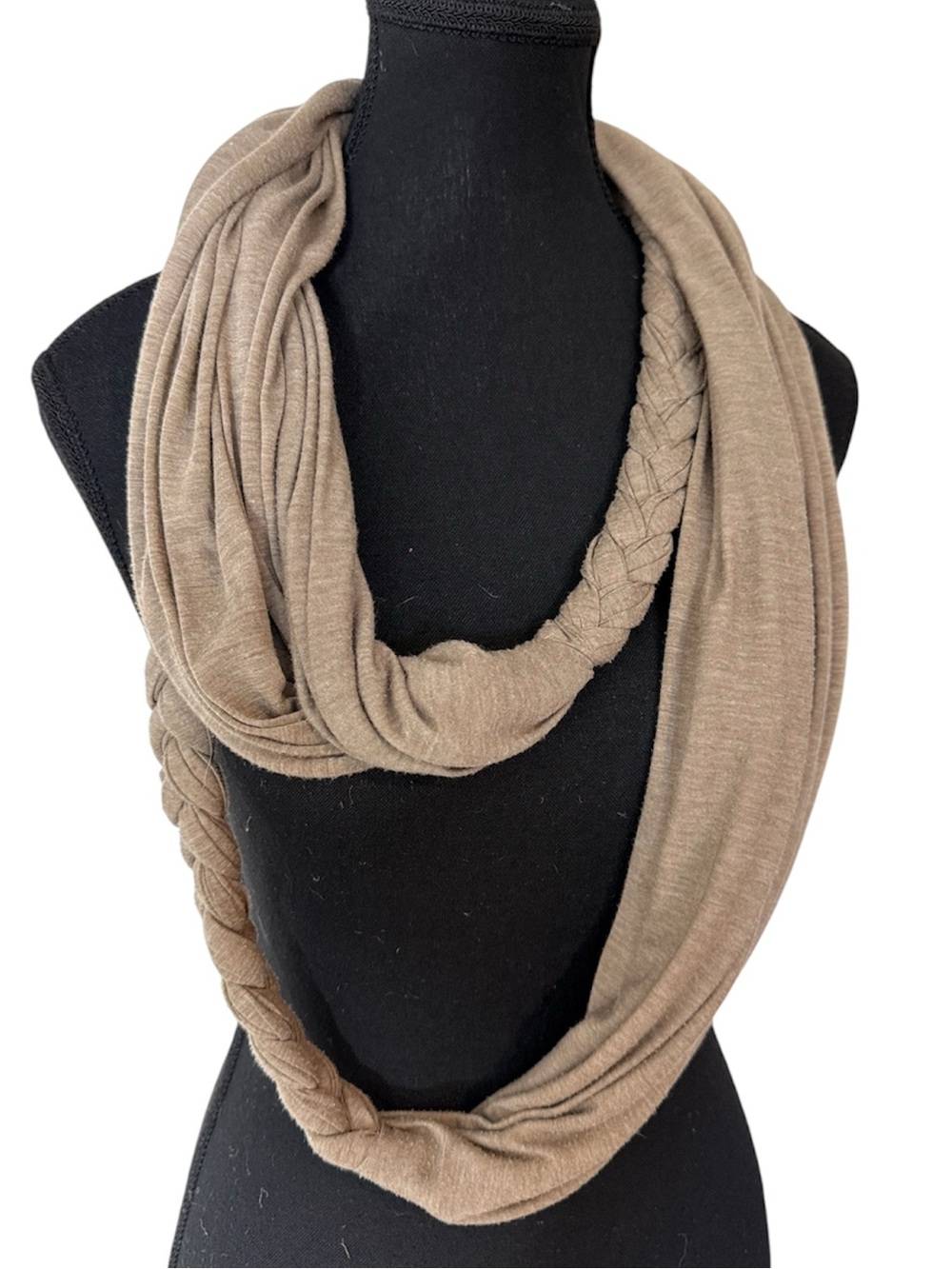 Braided Jersey Knit Infinity Scarf Taupe Tan Layer Boho Festival